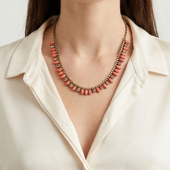 J. Crew Coral Pink & Rhinestone Statement Necklace - Muted Gold Tone - Picture 6 of 7